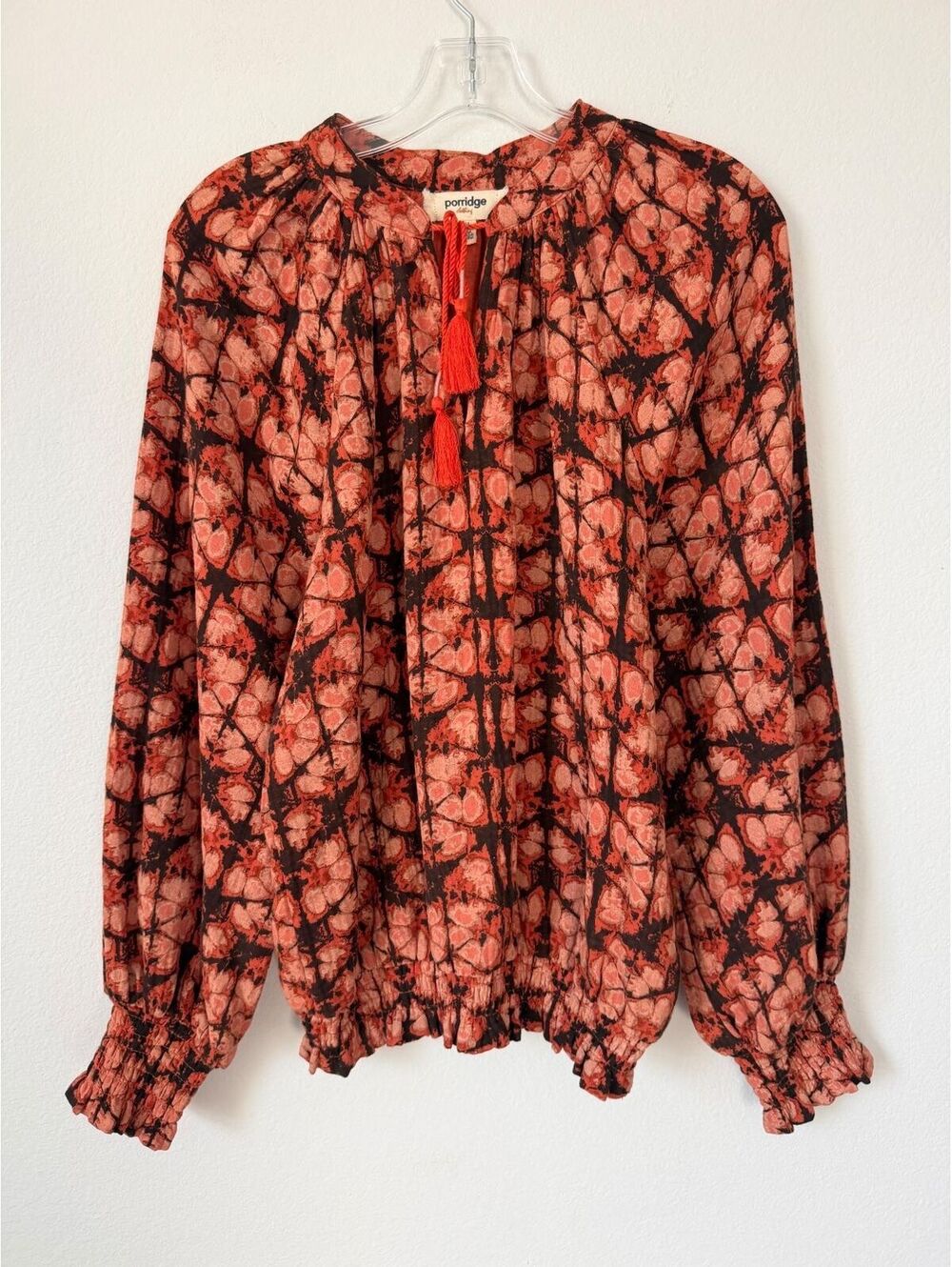 PORRIDGE Raglan Long Sleeve Tie Neck Geo Abstract Peasant Blouse Women's Size M